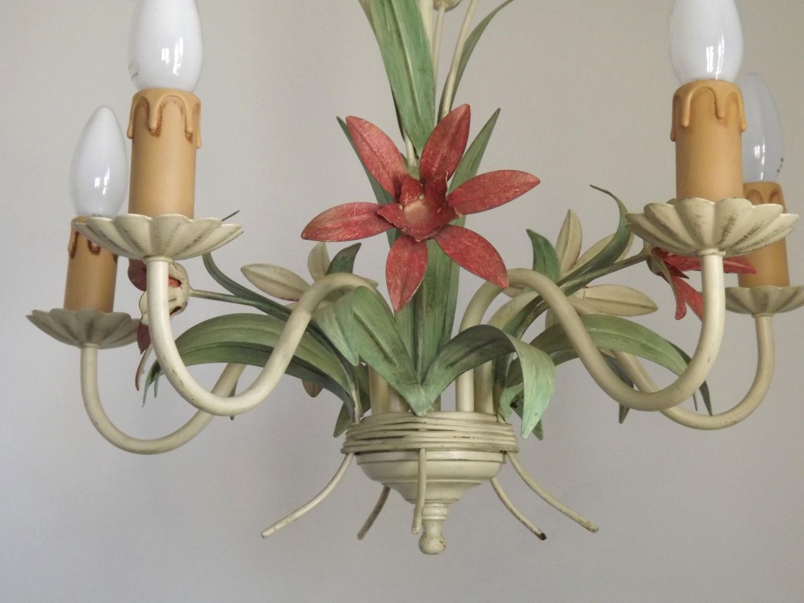 photo vinterior 5 Light Vintage Italian Chandelier, Mathias Toleware Bouquet, Pink Flowers