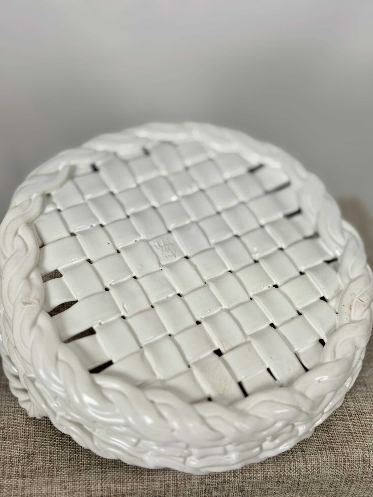 Vintage Italian Ceramic Basket Tray | White Woven Pottery Tray | Italian Lattice Dish photo vinterior