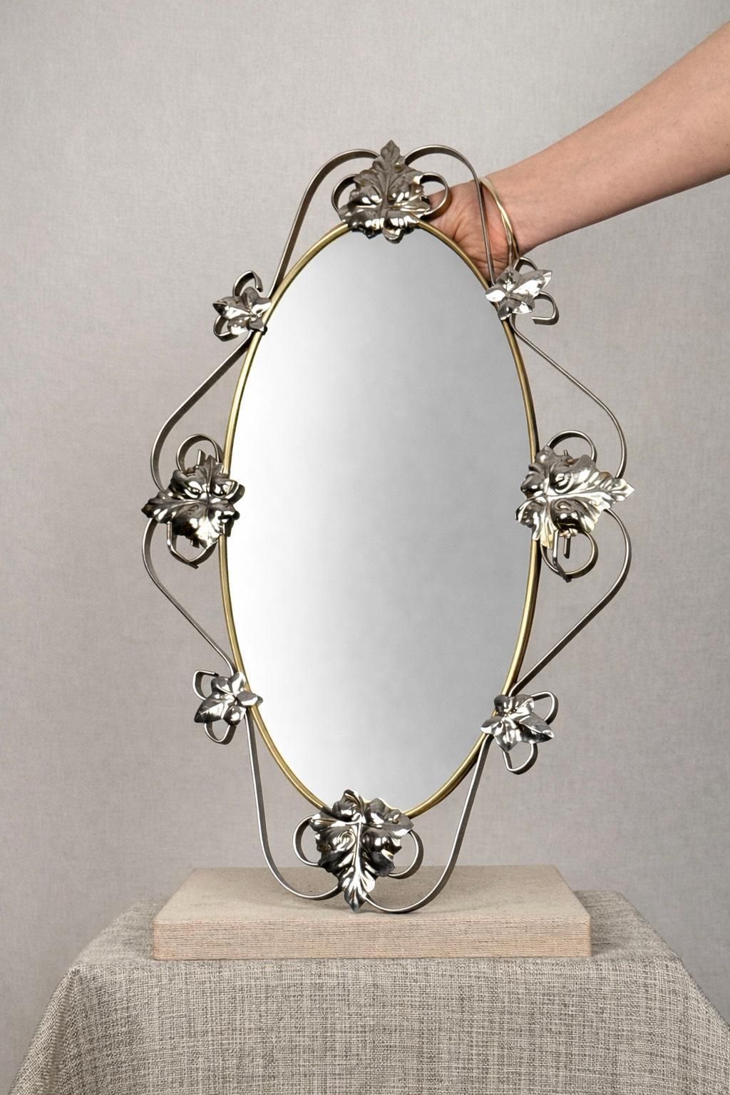 Italian Art Nouveau Mirror With Hooks | European Oval Vanity Mirror | Brass & Chrome Mirror
