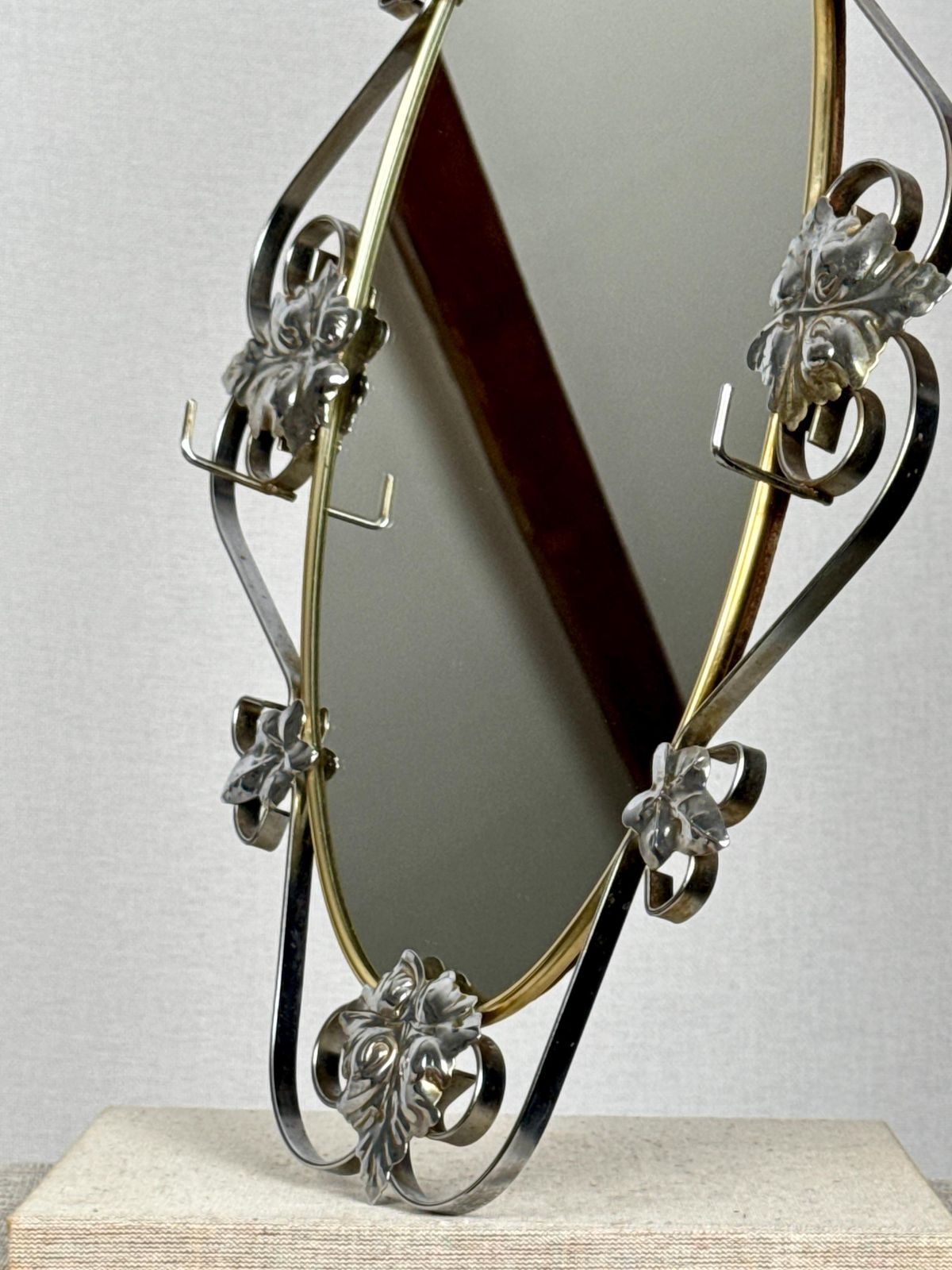 Italian Art Nouveau Mirror With Hooks | European Oval Vanity Mirror | Brass & Chrome Mirror photo 220.0