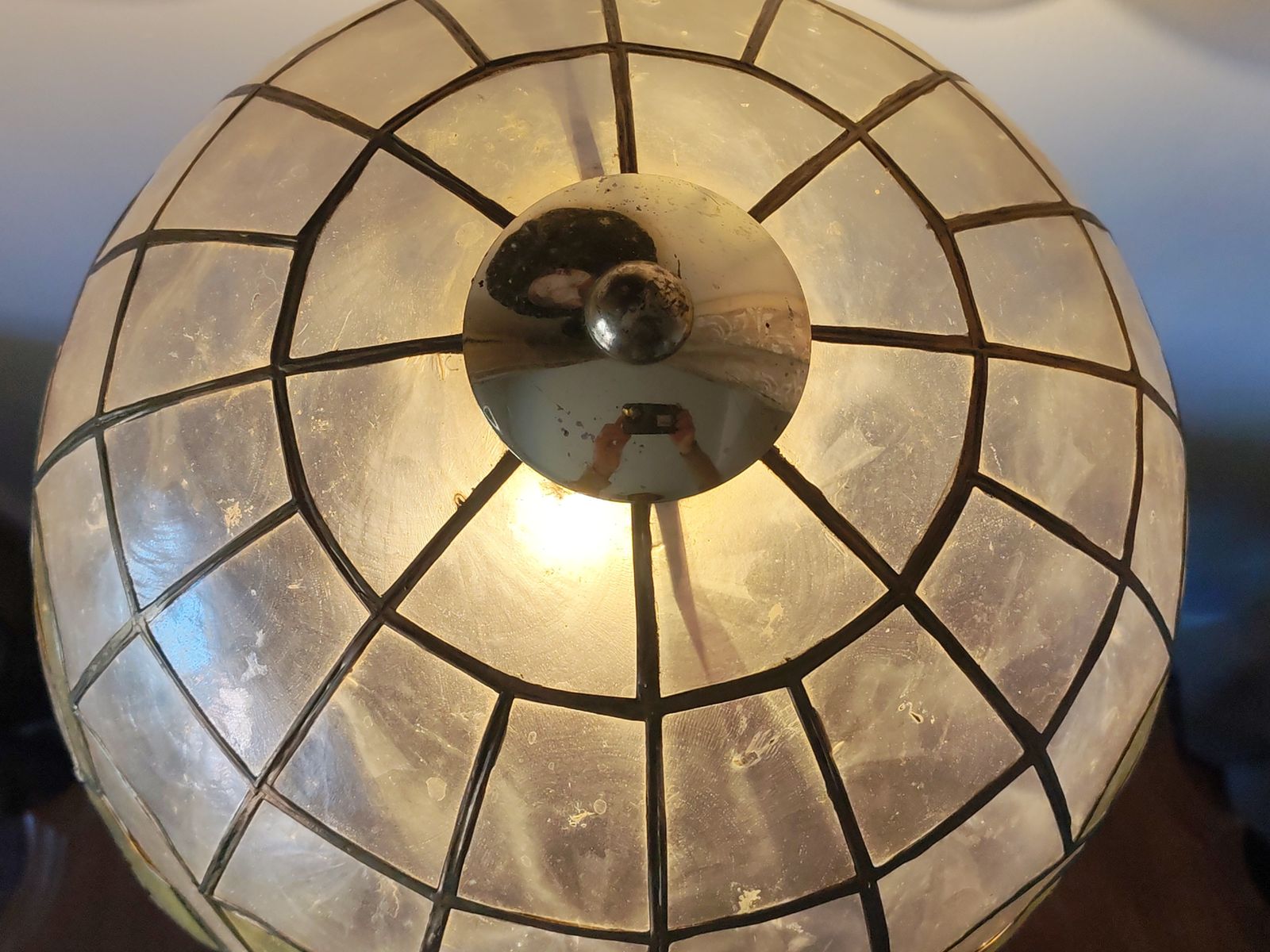 photo for sale Large 19th Century Louis XVI Revival Table Lamp – Hand Etched Cast Iron & Marble Base With Mother Of Pearl Shade