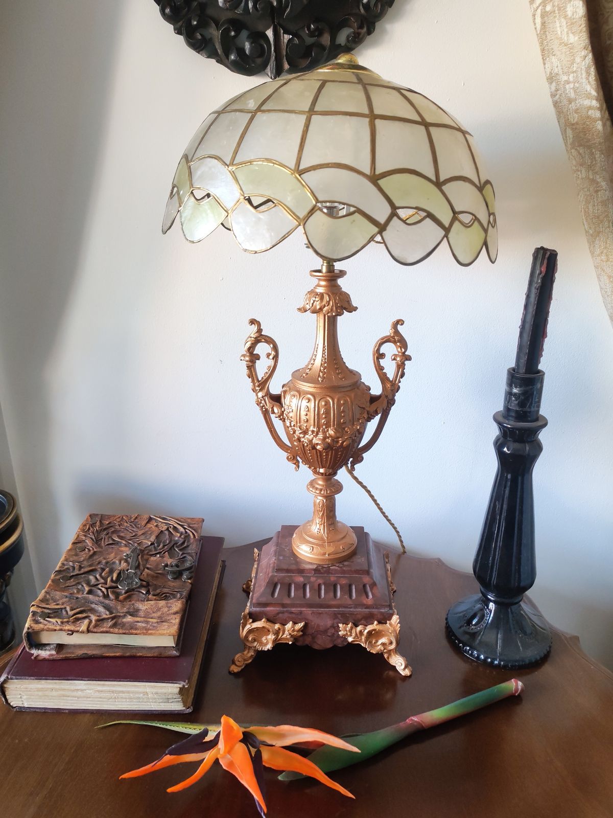 375.0 Large 19th Century Louis XVI Revival Table Lamp – Hand Etched Cast Iron & Marble Base With Mother Of Pearl Shade photo