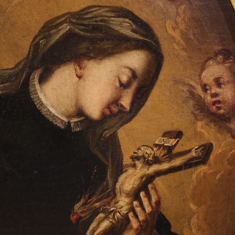 Antique Oval Painting Of Saint Catherine Of Genoa From The 17th Century photo vinterior