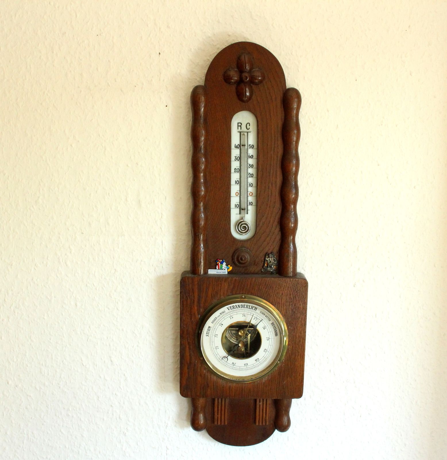 1920s Antique Handcarved Weather Station (Thermometer Showing Celsius And Reaumur And Barometer)