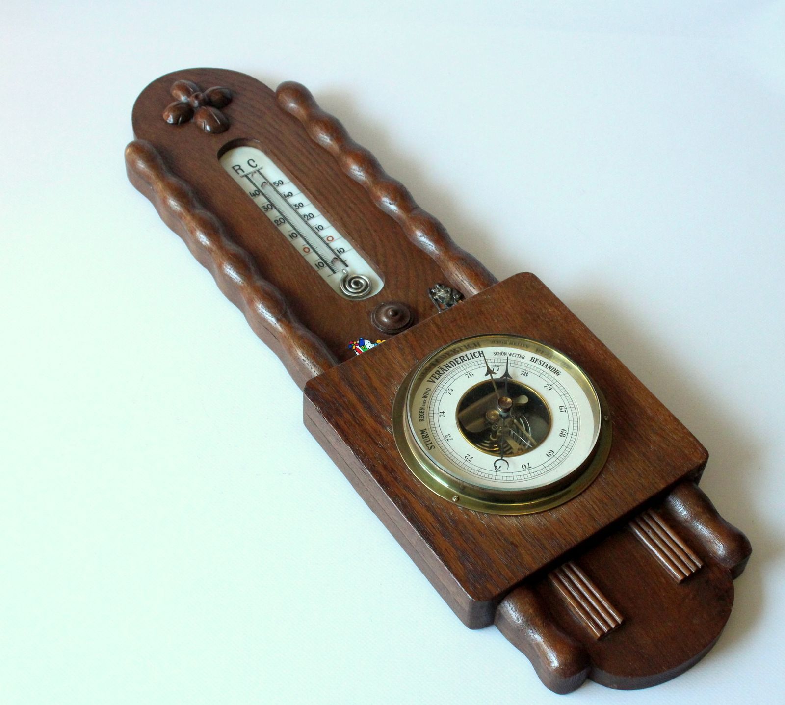 1920s Antique Handcarved Weather Station (Thermometer Showing Celsius And Reaumur And Barometer) photo 84.0