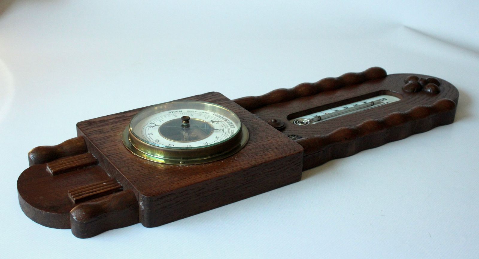 1920s Antique Handcarved Weather Station (Thermometer Showing Celsius And Reaumur And Barometer) photo vinterior