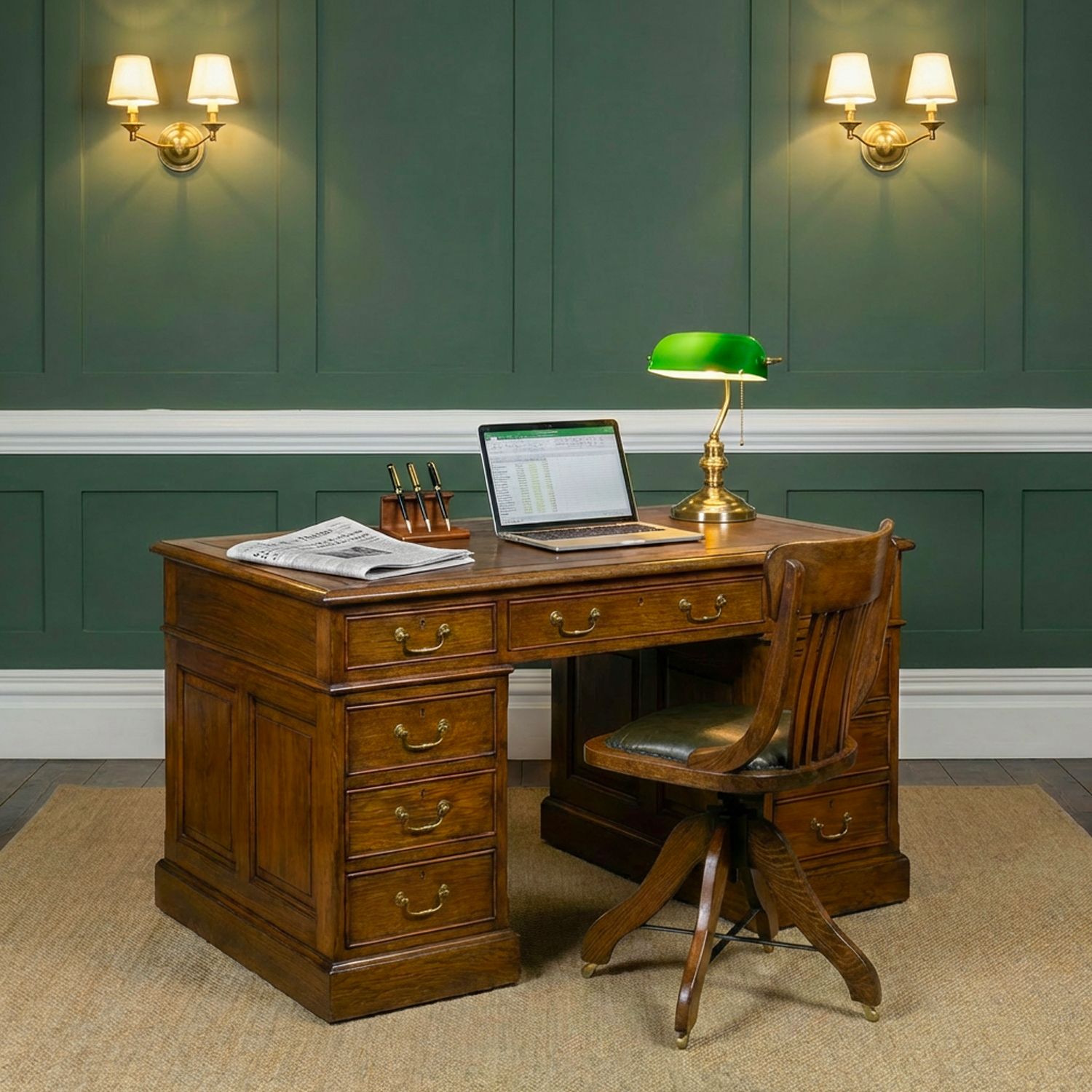 Antique English George V Oak & Green Leather Revolving Office Chair (Circa 1920) photo furniture
