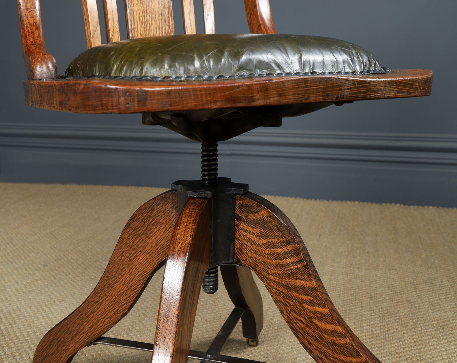 975.0 Antique English George V Oak & Green Leather Revolving Office Chair (Circa 1920) photo