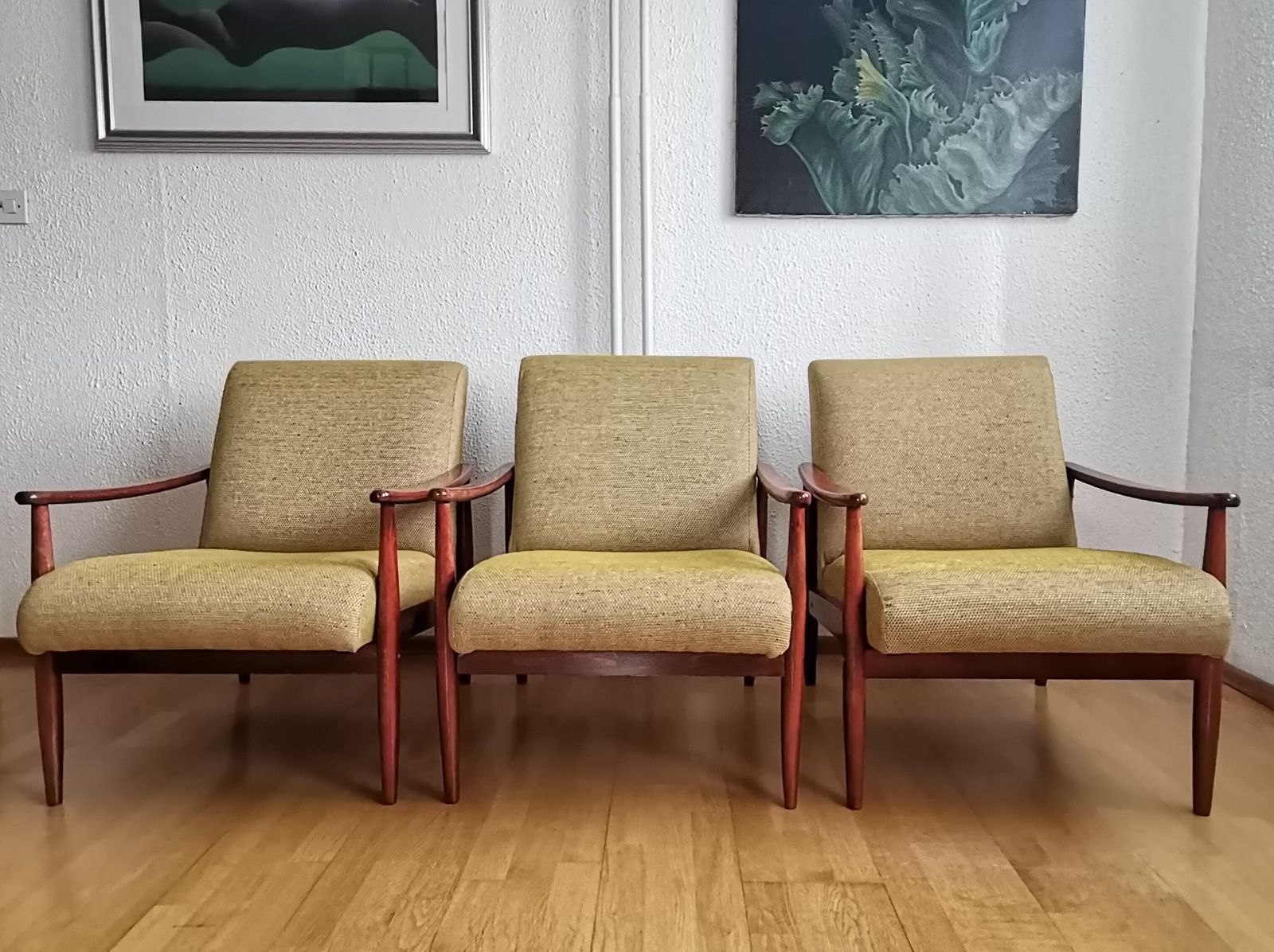 1 Of 3 Yellow Armchairs With Varnished Wood / Upholstered Lounge Chair From 70s Yugoslavia photo Furniture
