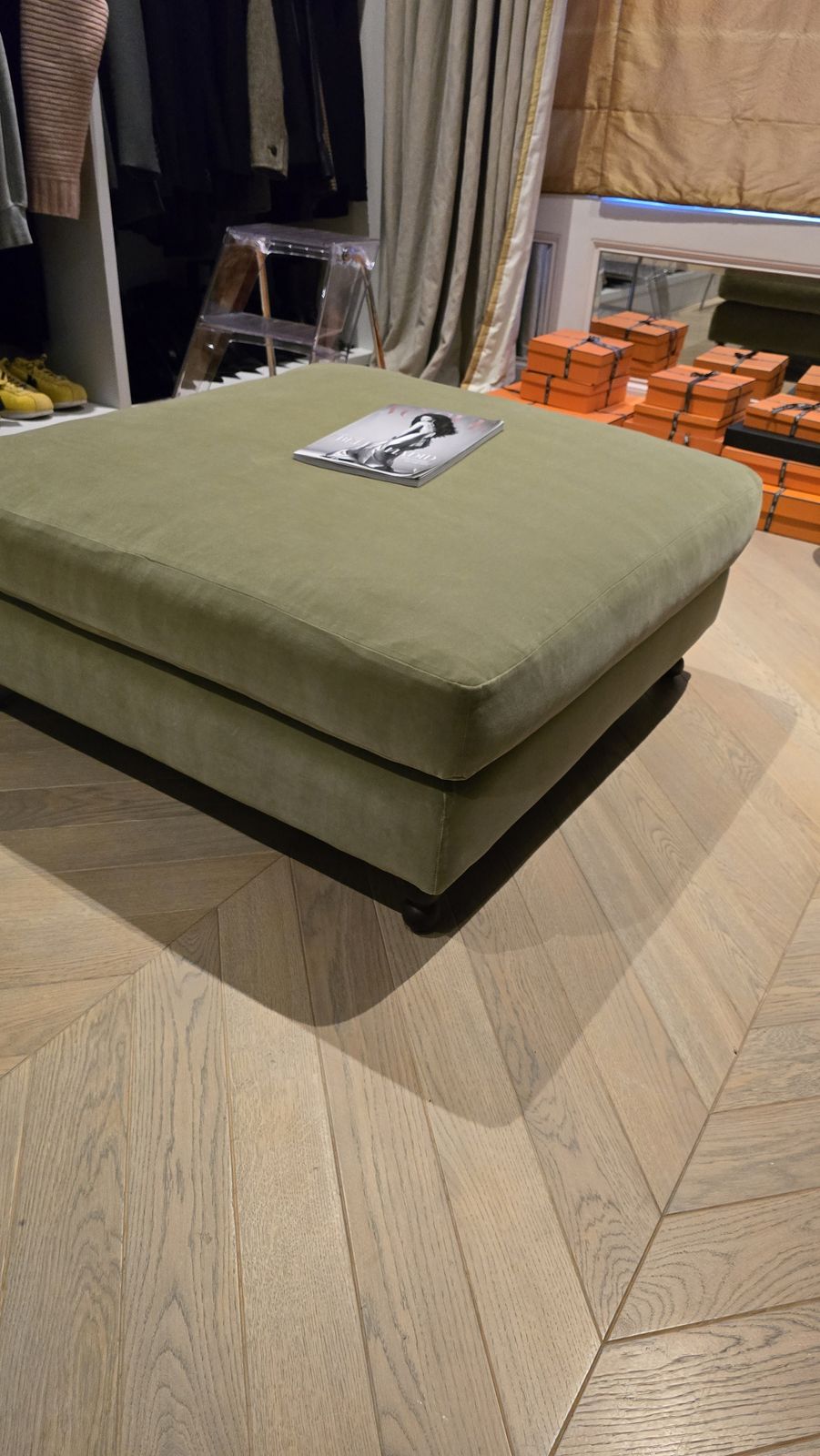 Olive Velvet Ottoman From  Soho Home 100cm X 100cm