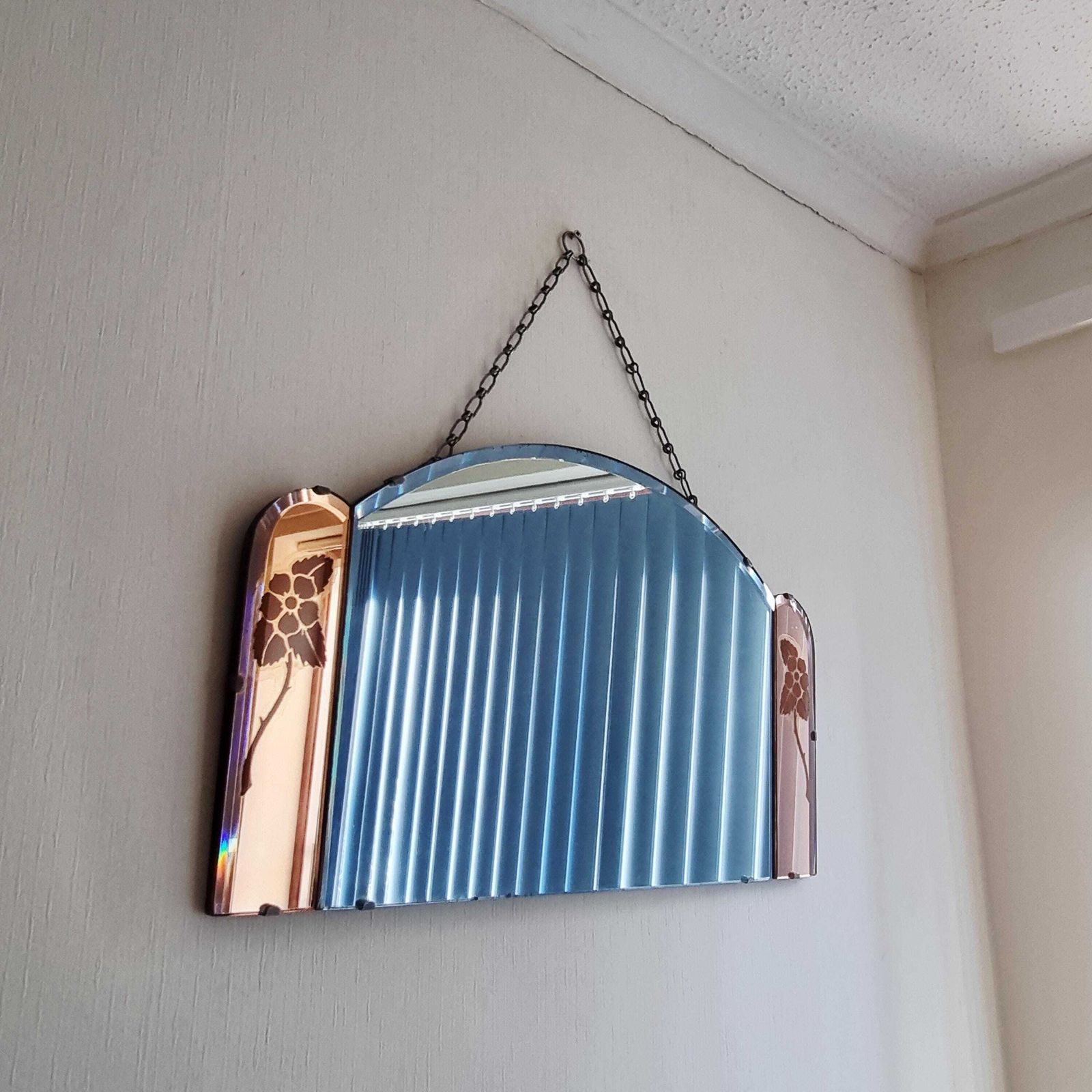 Large Art Deco Mirror: Rose Gold Tinted Panels, Floral Etching, Frameless Hanging Design photo for sale