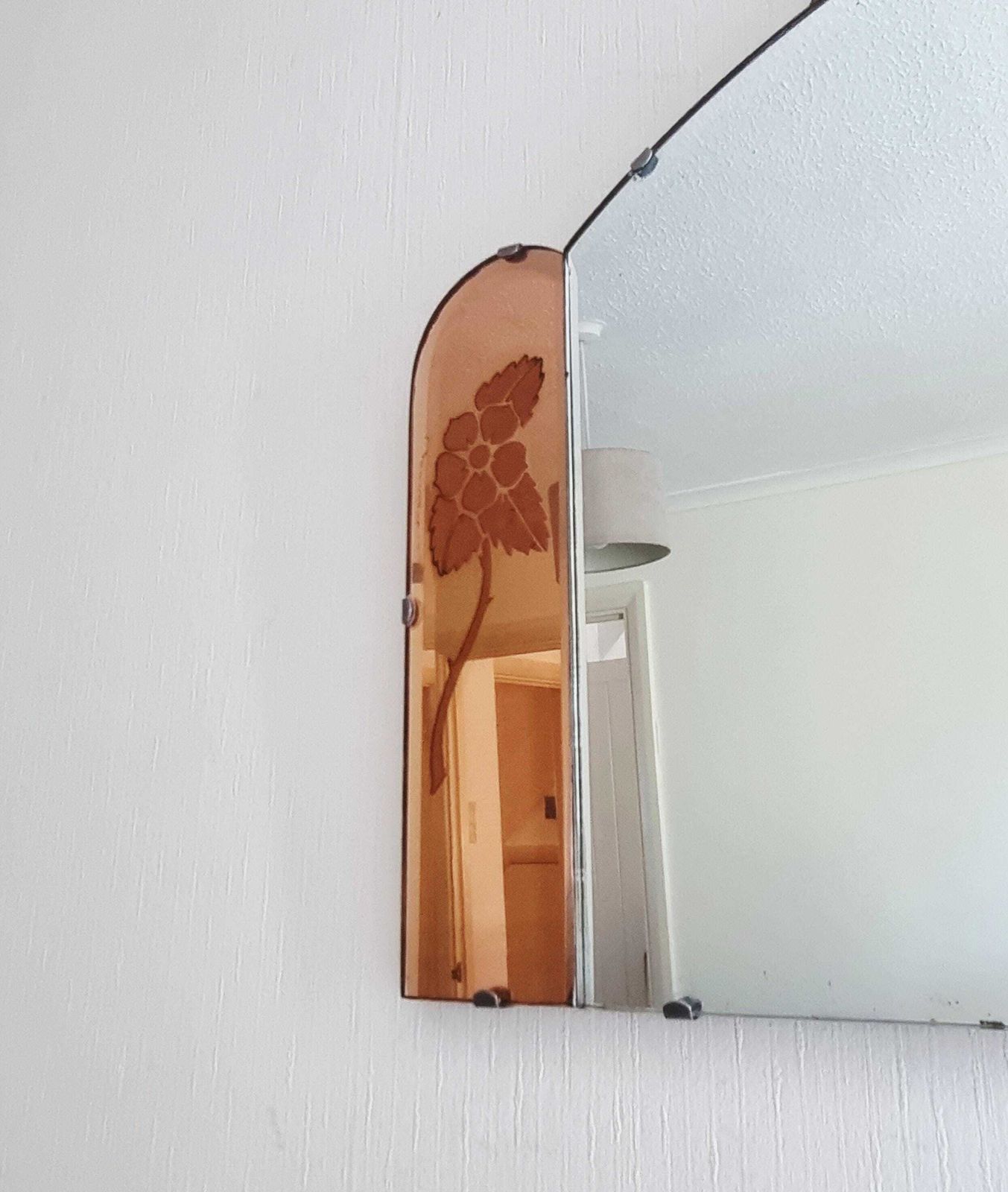 Large Art Deco Mirror: Rose Gold Tinted Panels, Floral Etching, Frameless Hanging Design photo Home Decor