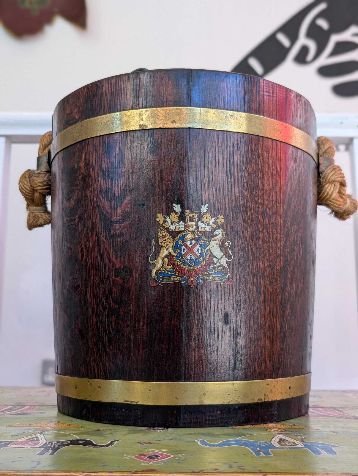19th Century Brass Bound English Oak Naval Fire Bucket.