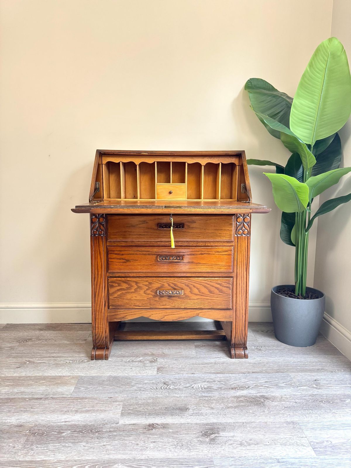 Solid Oak Wooden Art Deco Vintage Bureau Lockable Key Small Desk With Drawers photo furniture