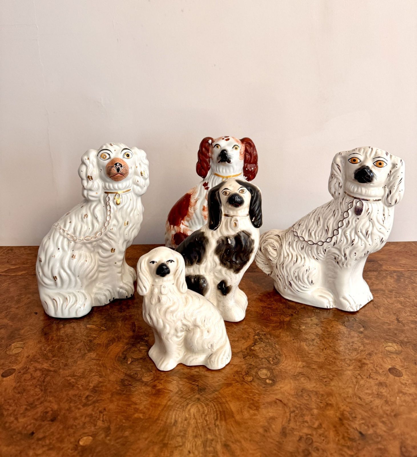 Quality Collection Of Five Antique Quality Hand Painted Staffordshire Dogs