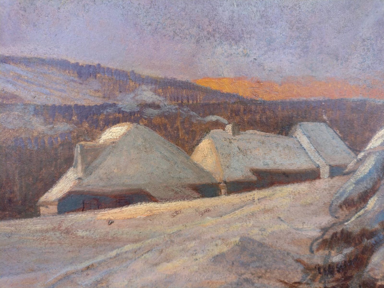 20th Century Oil Painting – Sunset On The Snow photo Art
