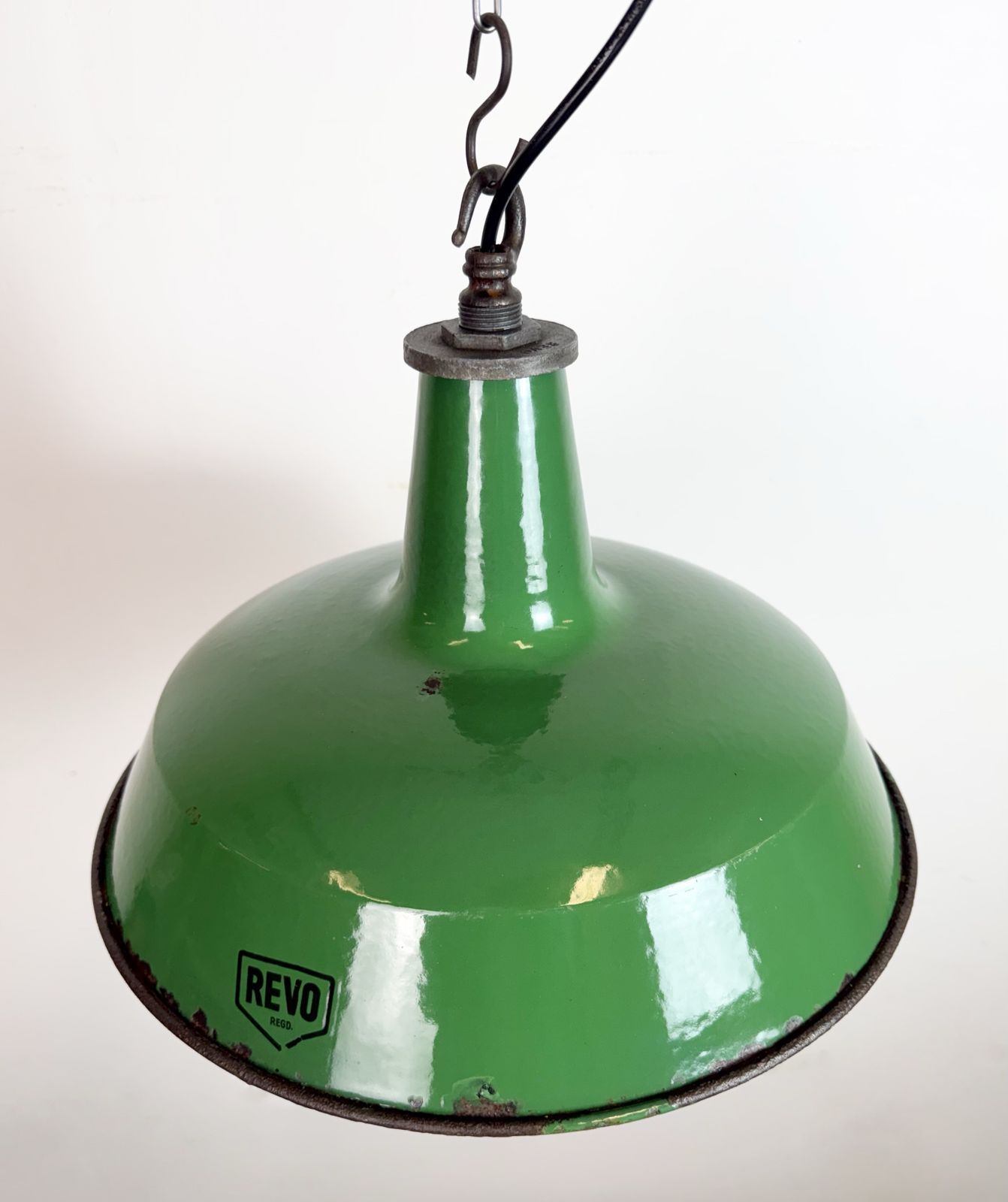 Industrial Green Enamel Factory Pendant Lamp From Revo, 1950s photo vinterior