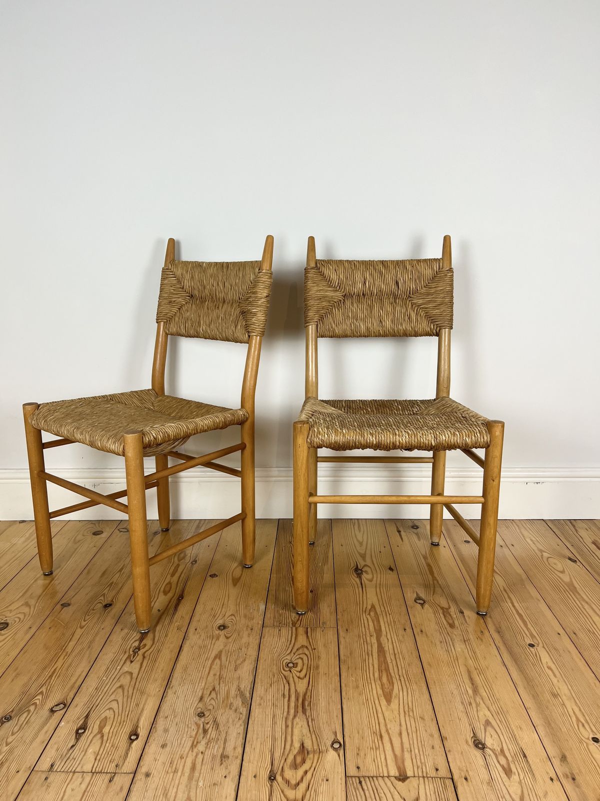 Pair Of Vintage Mid Century Rush Dining Chairs, Charlotte Perriand Style, C.1960 70