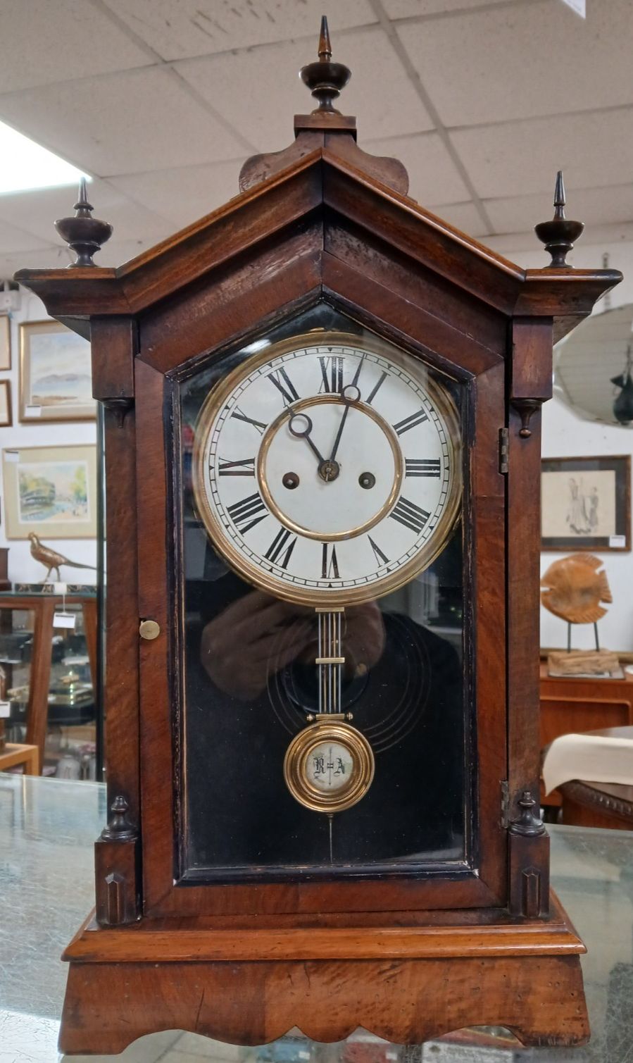Antique 19th Century American Mahogany Case Gothic Style 8 Day Mantle Clock
