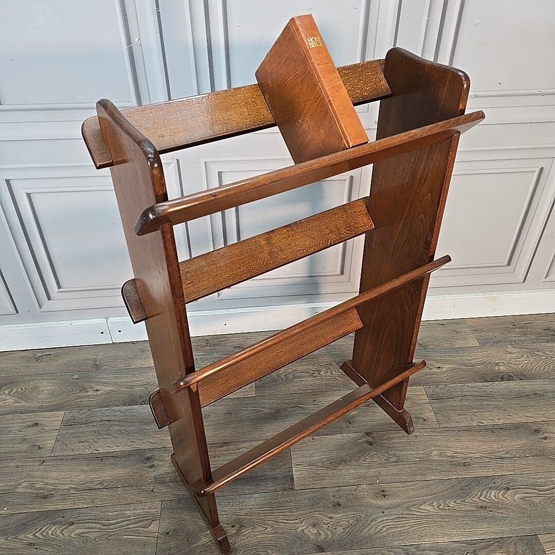 Vintage Wooden Book Trough – Bookcase Slatted 3 Tier Bookshelf Stand Solid Beech photo for sale