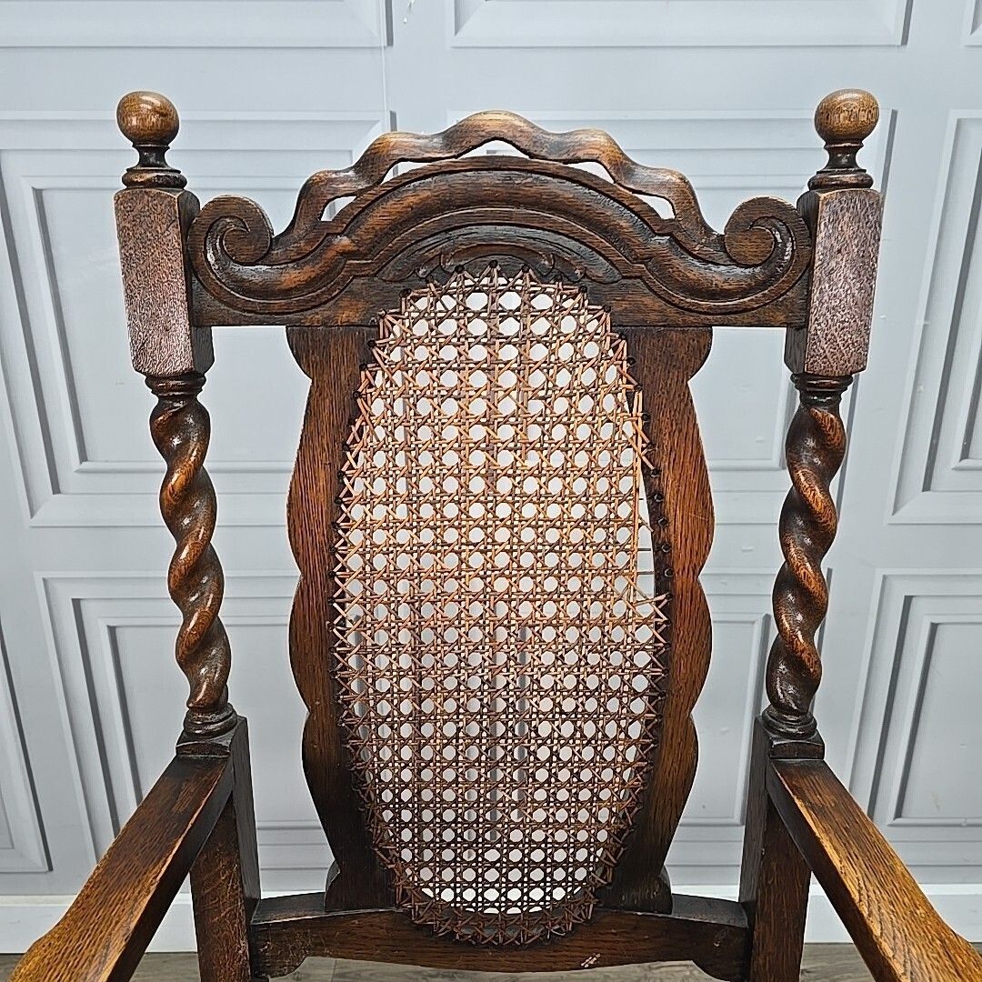 Antique Victorian Throne Chair   Oak Barley Twist Carved Armchair Cane   Leather photo Furniture