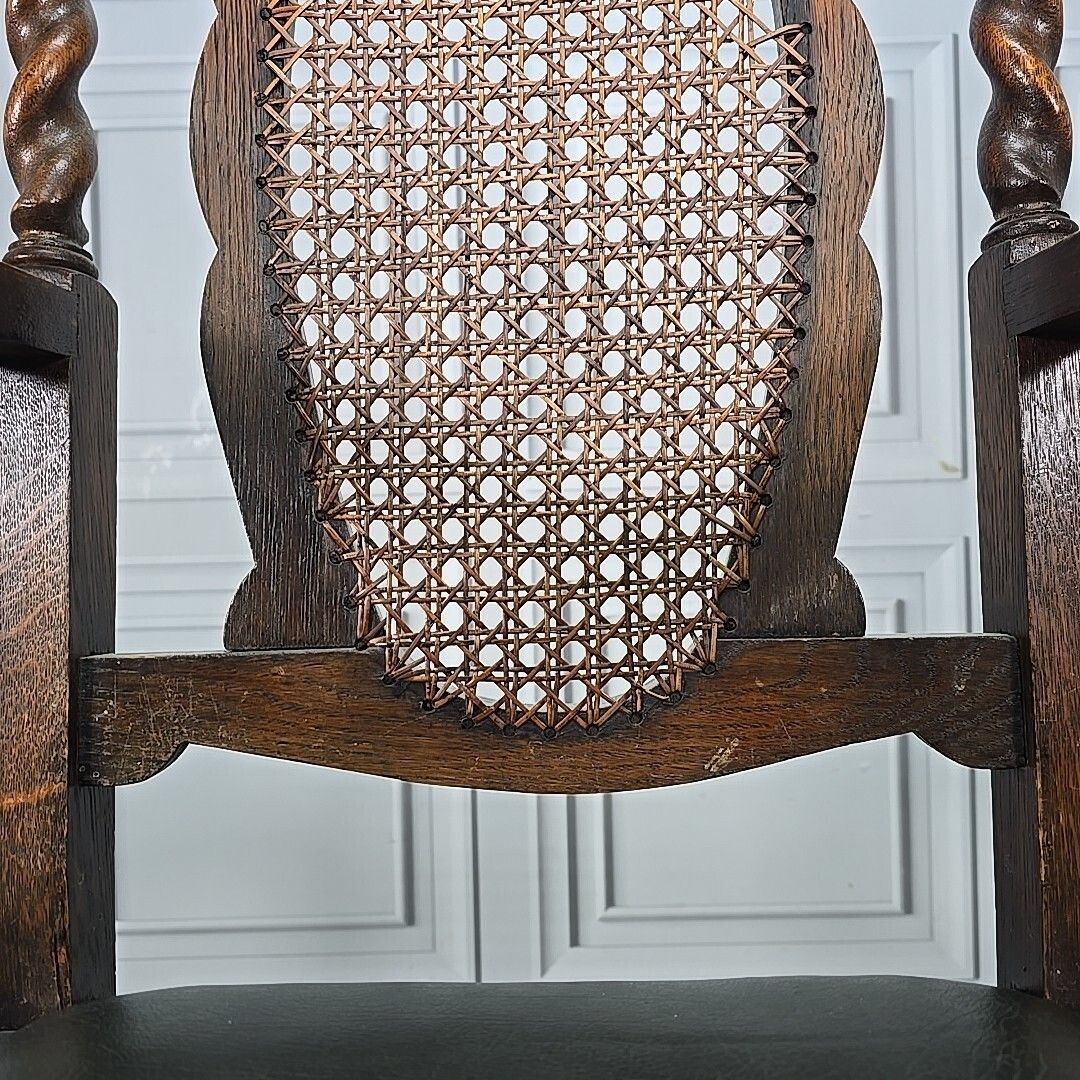 Furniture Antique Victorian Throne Chair   Oak Barley Twist Carved Armchair Cane   Leather photo