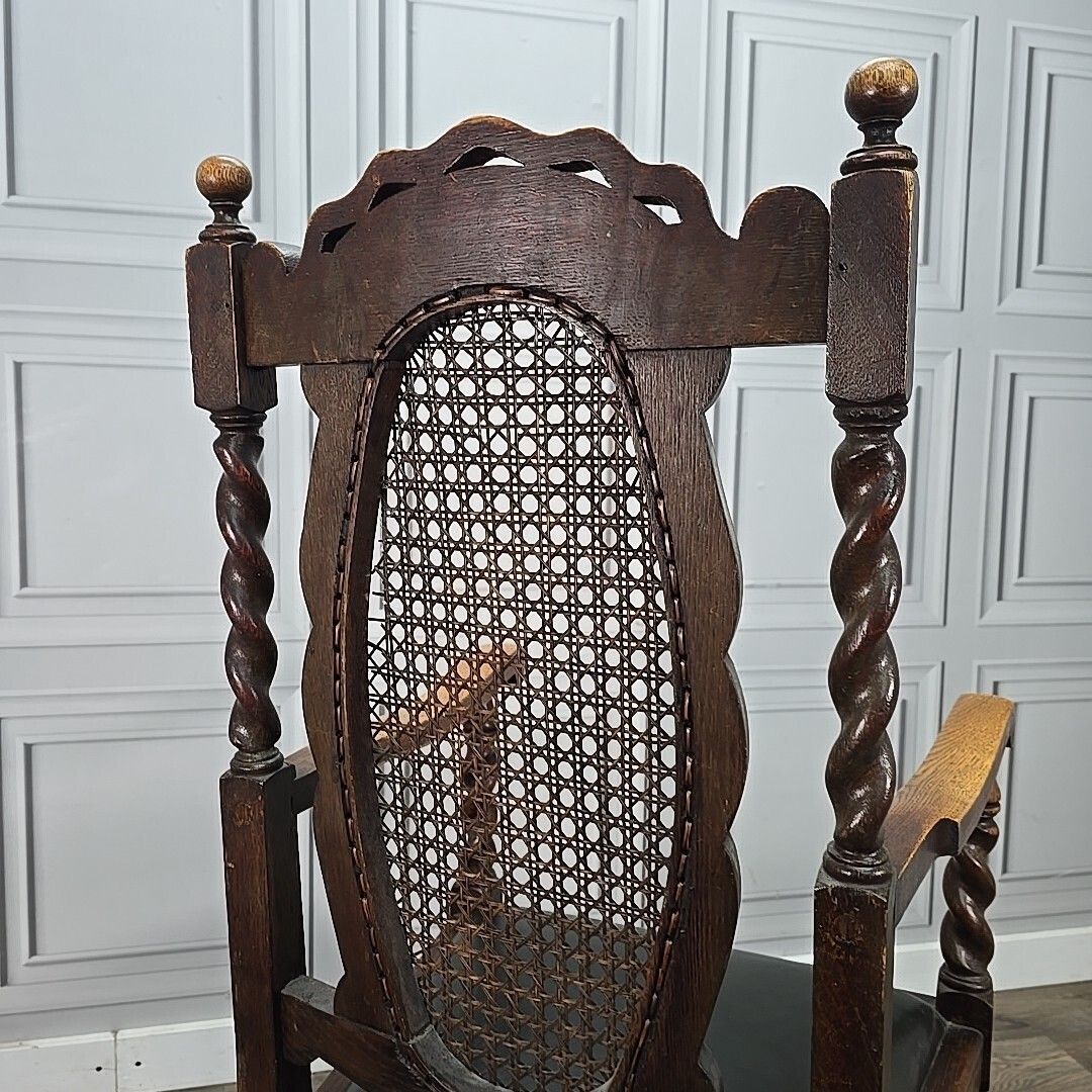 photo buy Antique Victorian Throne Chair   Oak Barley Twist Carved Armchair Cane   Leather