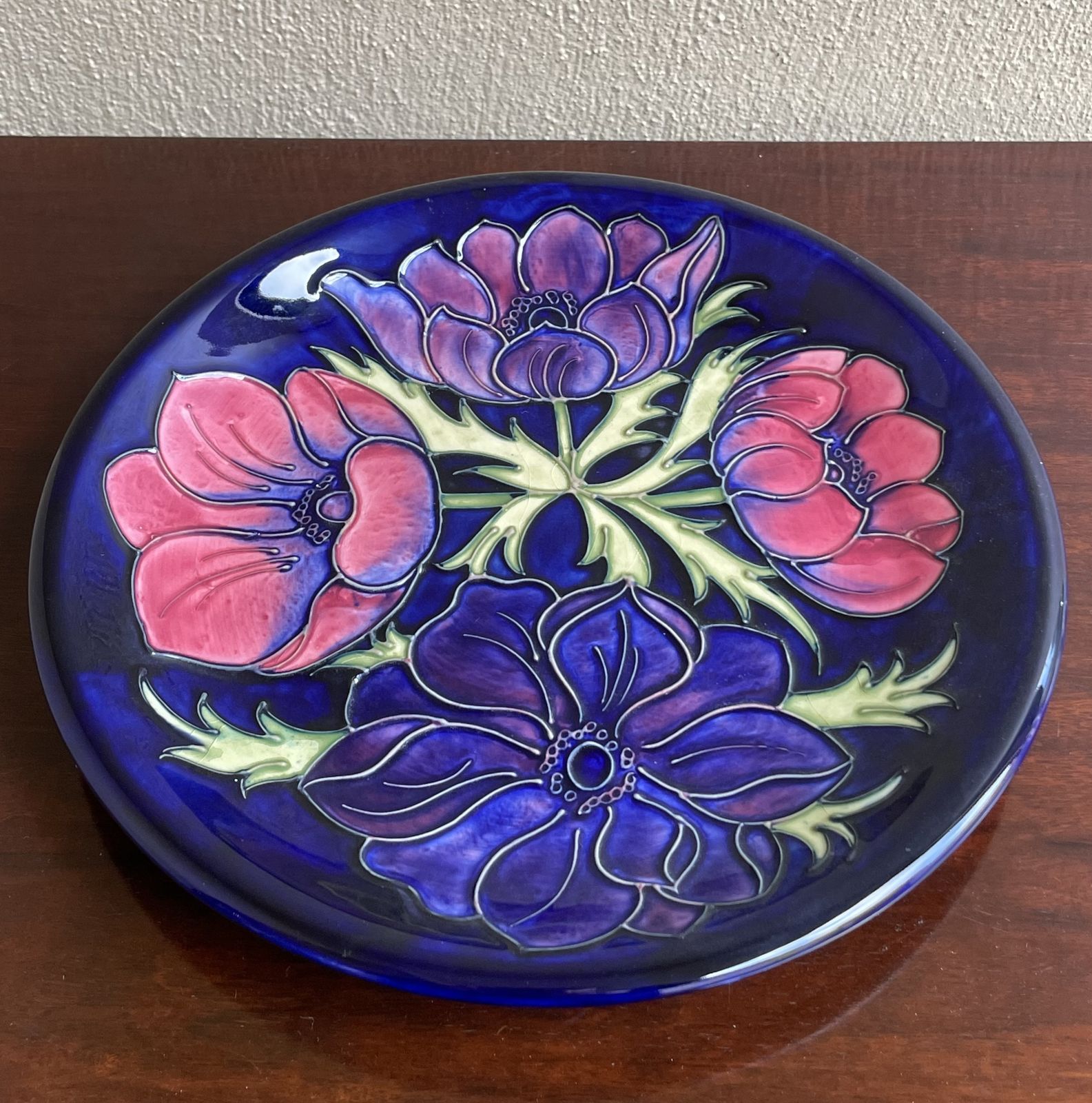 Moorcroft Anemone Pattern Plate Charger On Cobalt Blue