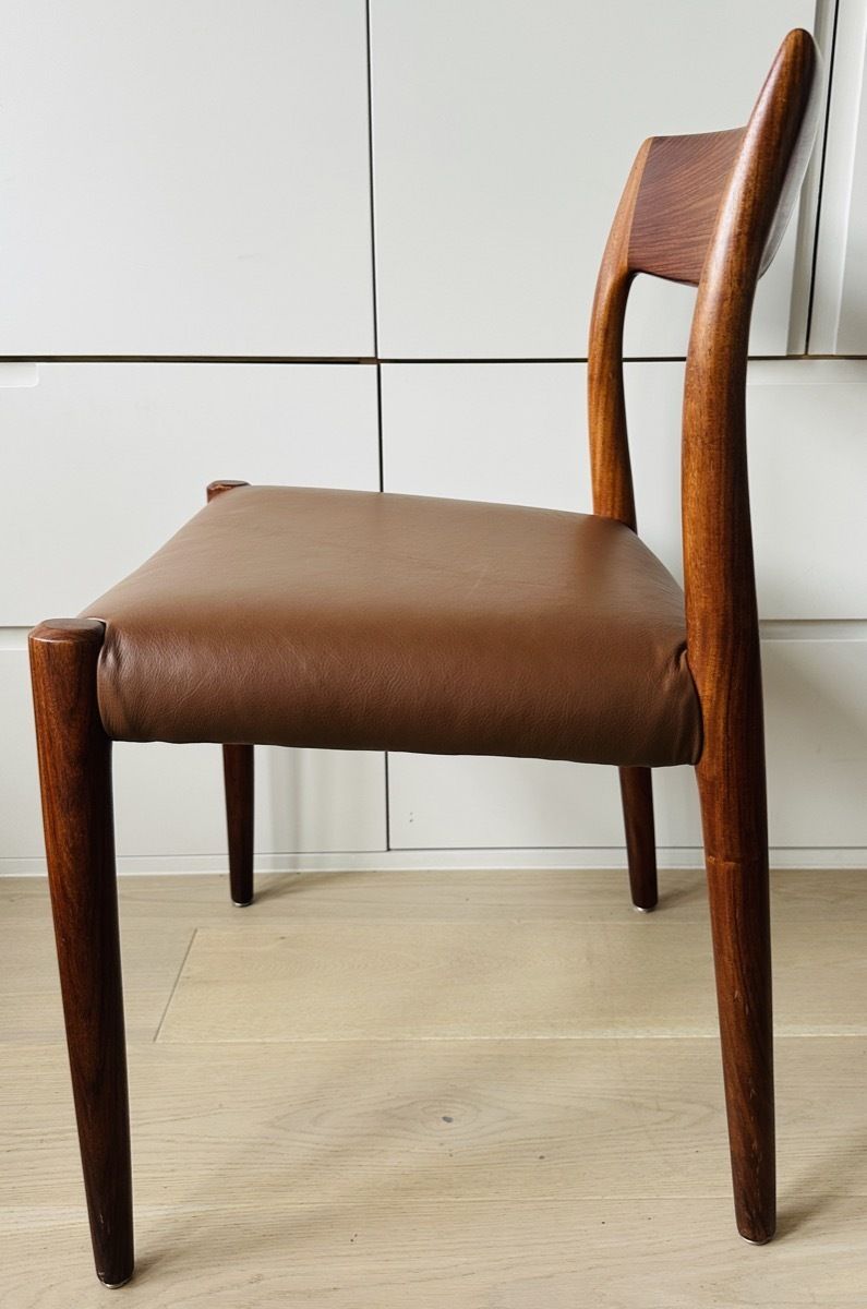 photo for sale Pair Of Mid Century 1960s Danish Rosewood & Brown Leather Niels Møller For J.L. Møllers Møbelfabrik Model 77 Dining Chairs