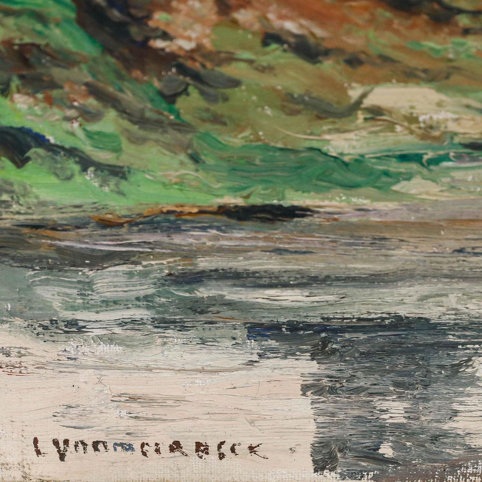 Mid 20th Century Oil   The Riverbank In Winter photo vintage