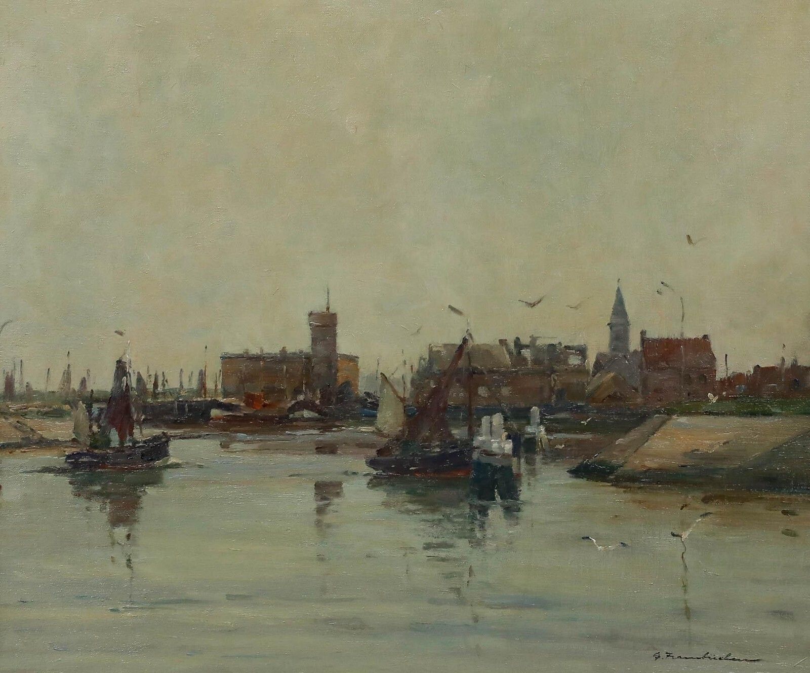 Georg Hambüchen (1901 1971)   Framed Mid 20th Century Oil, A Quiet Dutch Harbour photo for sale
