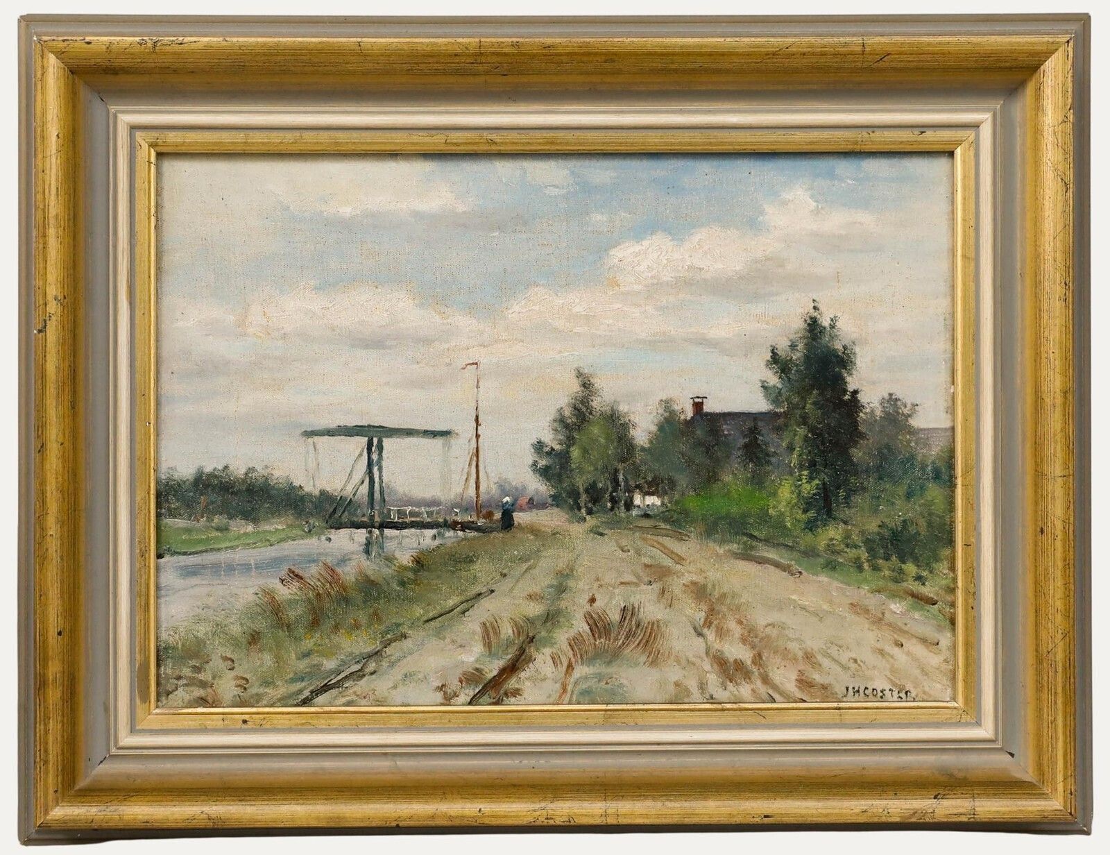 Jan Herman Coster (1846 1920)   Framed Oil, Dutch Landscape With A Drawbridge