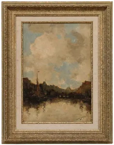 Dirk Jansen (1878 1952)   Early 20th Century Oil, Dutch Quay photo furniture