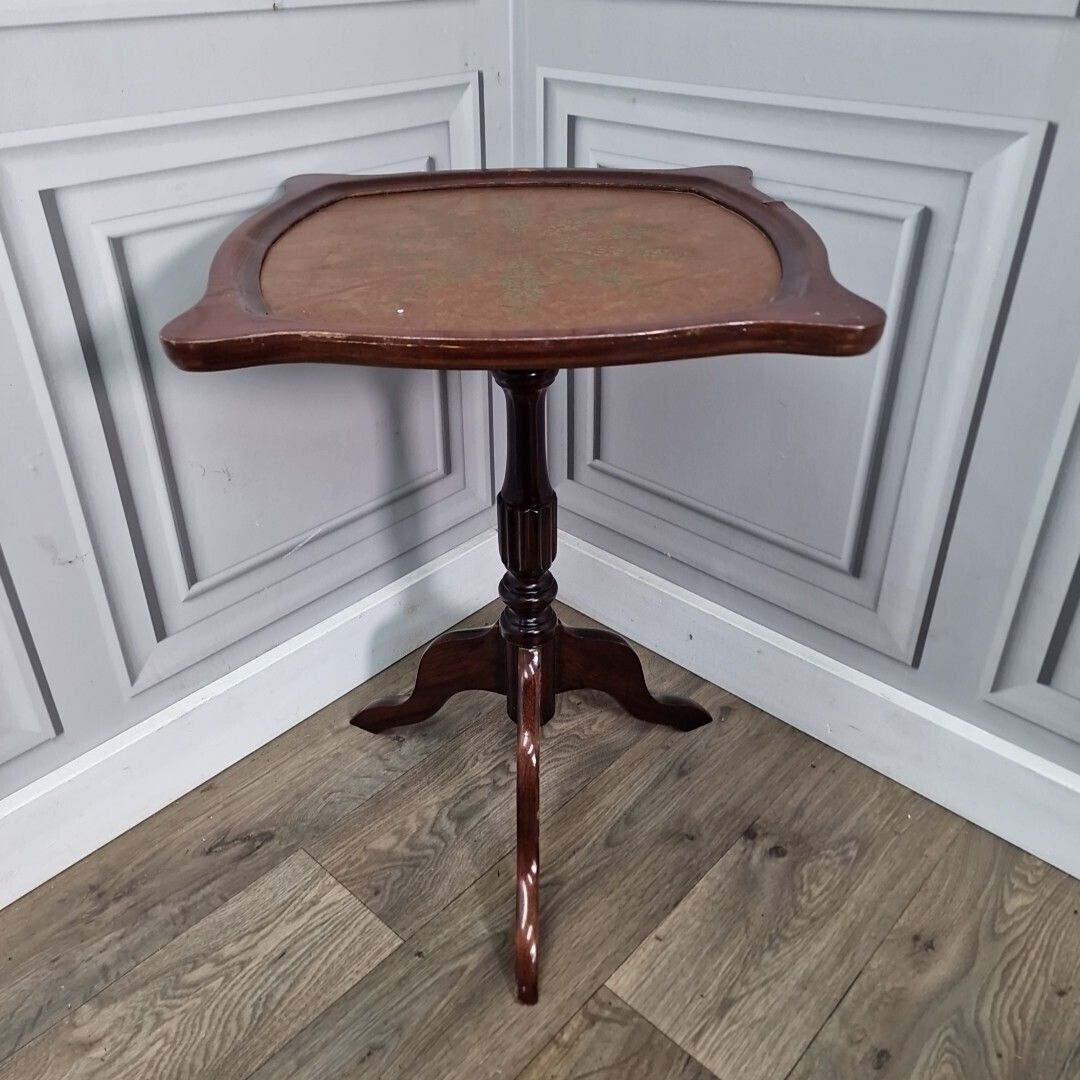 Antique Wine Table   Turned Pedestal Tripod Leather Top Plant Stand   Vintage photo furniture