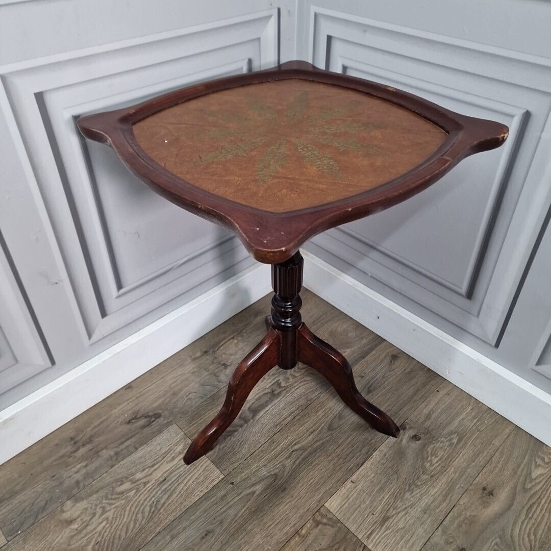 Antique Wine Table   Turned Pedestal Tripod Leather Top Plant Stand   Vintage photo Furniture