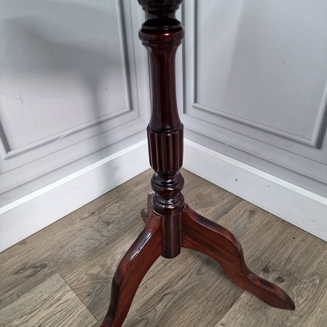 photo for sale Antique Wine Table   Turned Pedestal Tripod Leather Top Plant Stand   Vintage