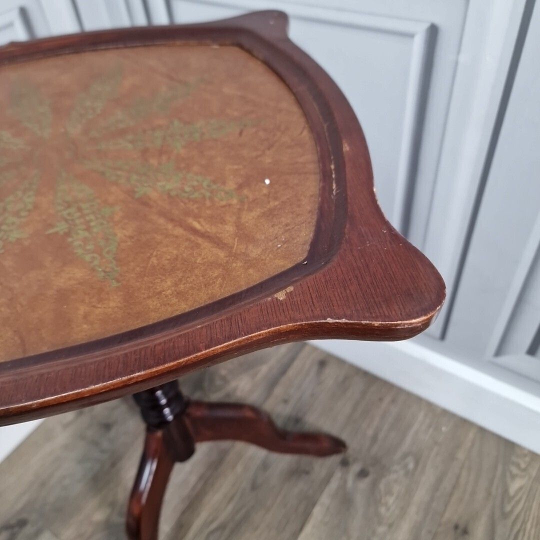 photo vinterior Antique Wine Table   Turned Pedestal Tripod Leather Top Plant Stand   Vintage