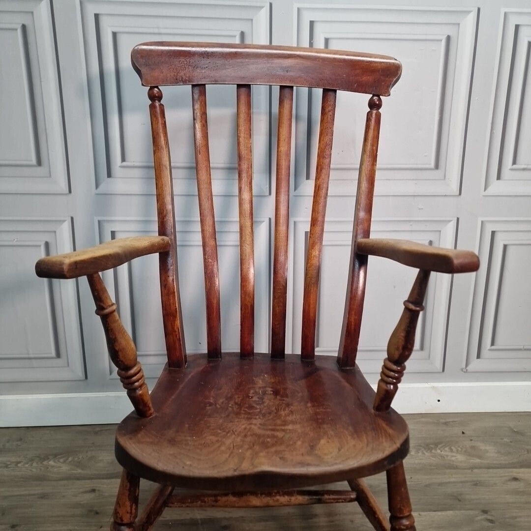 Antique Lath Back Chair Wood Elm & Beech Country High Slat 19th Century Armchair photo vinterior
