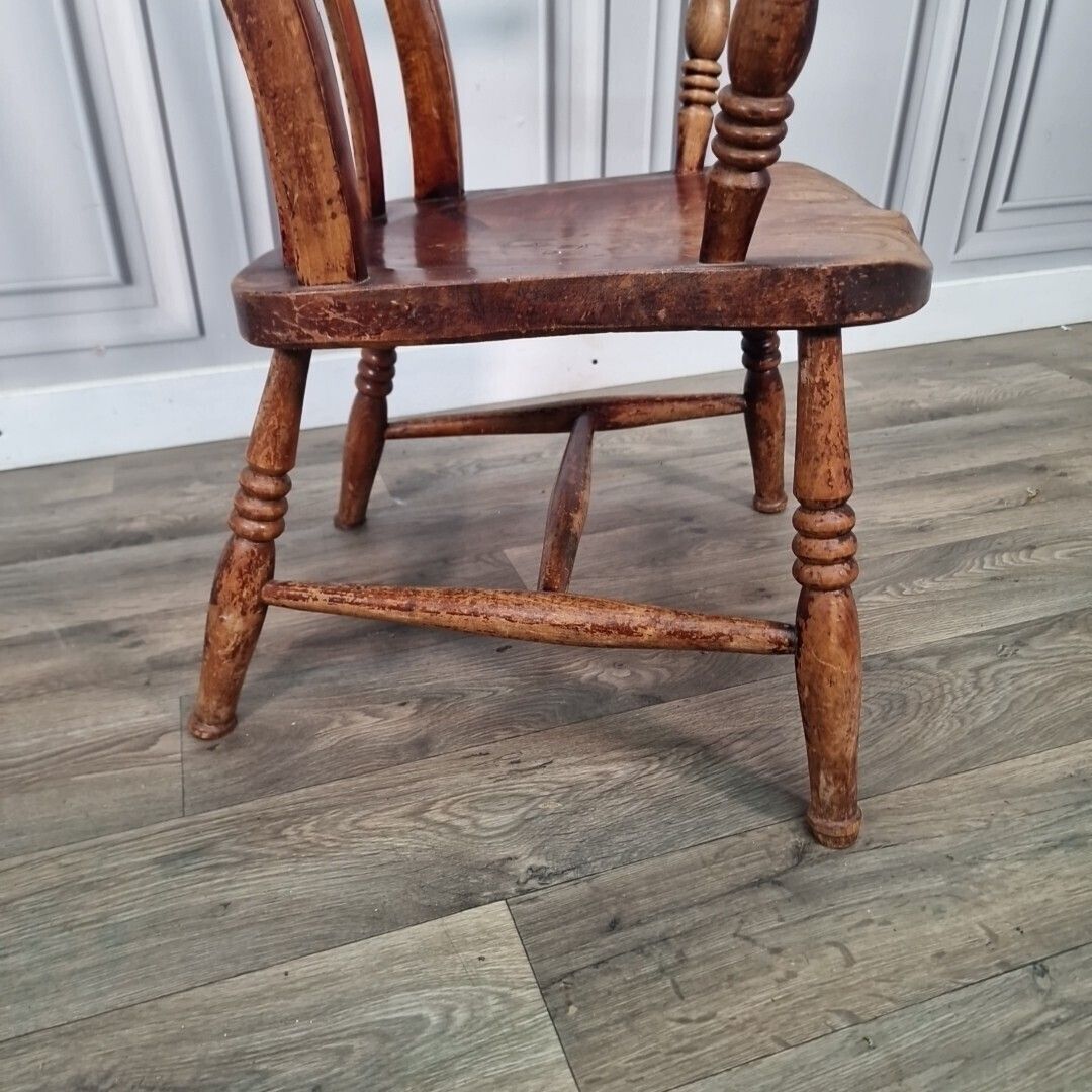 Furniture Antique Lath Back Chair Wood Elm & Beech Country High Slat 19th Century Armchair photo