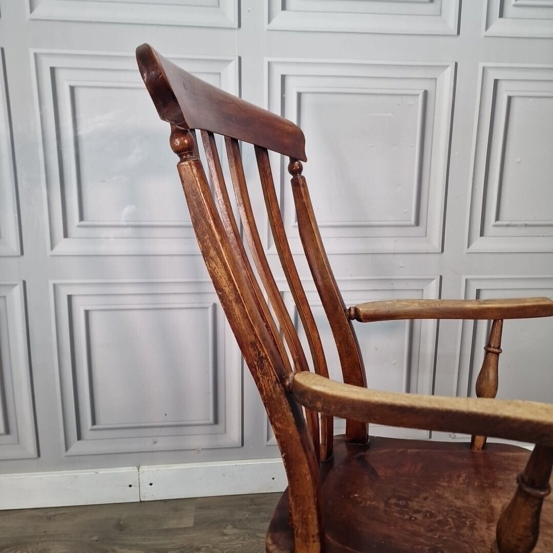 380.0 Antique Lath Back Chair Wood Elm & Beech Country High Slat 19th Century Armchair photo