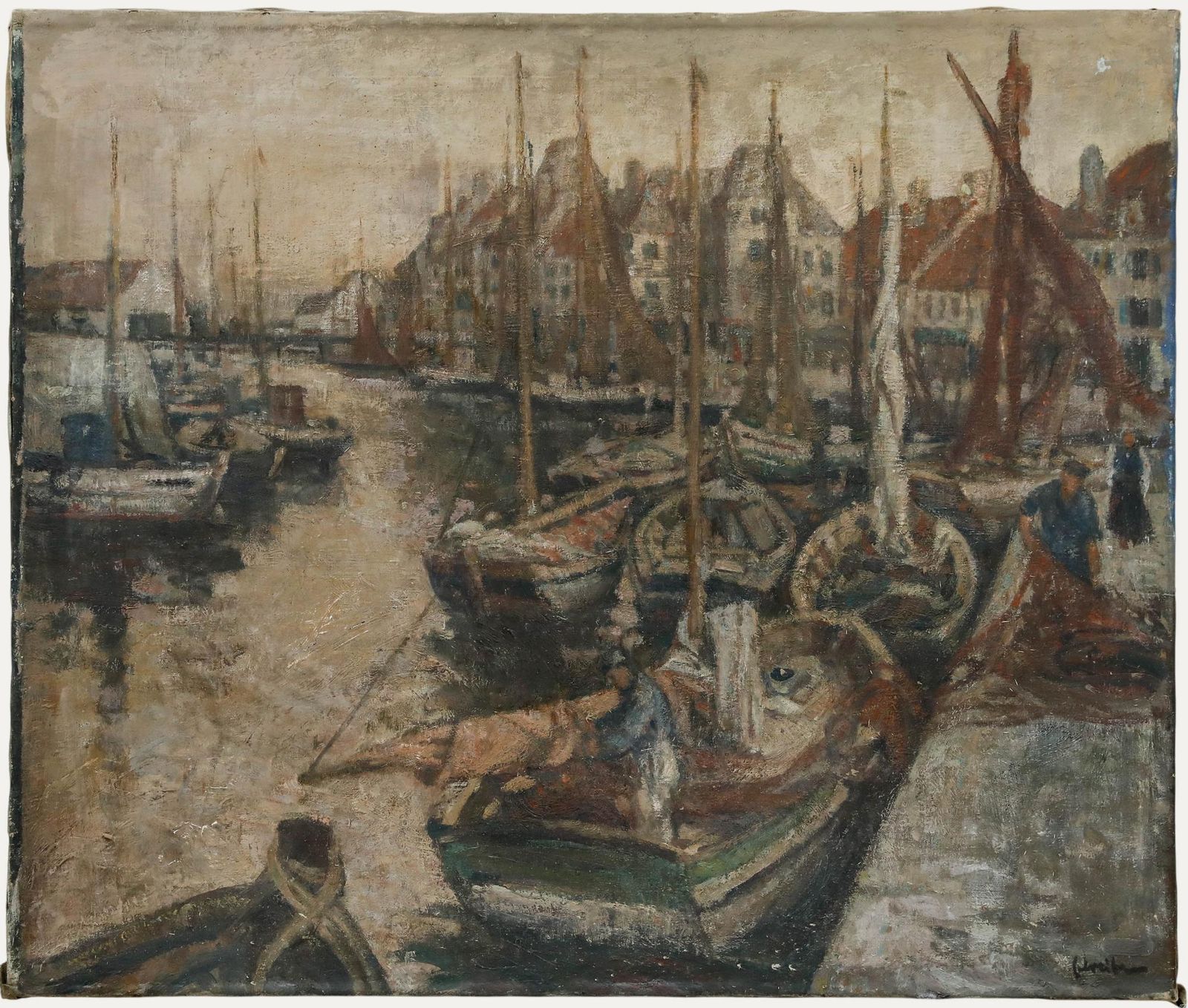 Richard Schreiber (1904 1963)   Mid 20th Century Oil, Breton Fishing Port