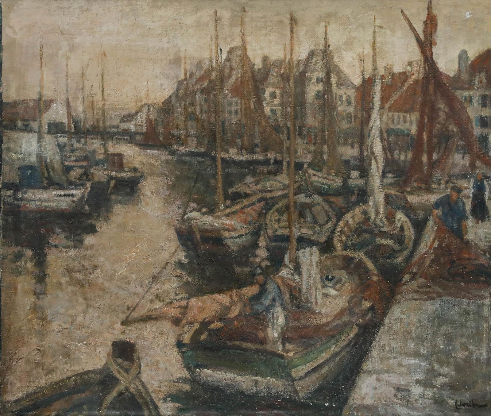 Richard Schreiber (1904 1963)   Mid 20th Century Oil, Breton Fishing Port photo furniture