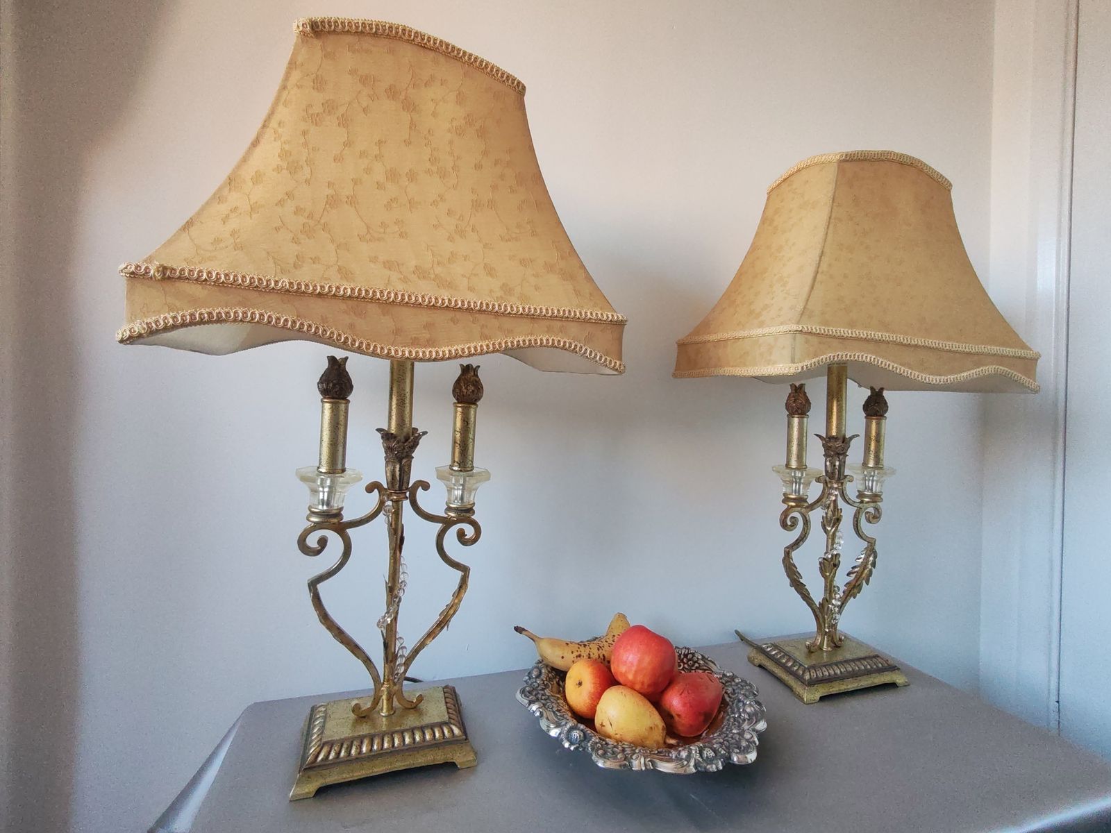 Pair Of Large 1990s Hollywood Regency Gilt Metal Table Lamps With Floral Silk Shades photo furniture