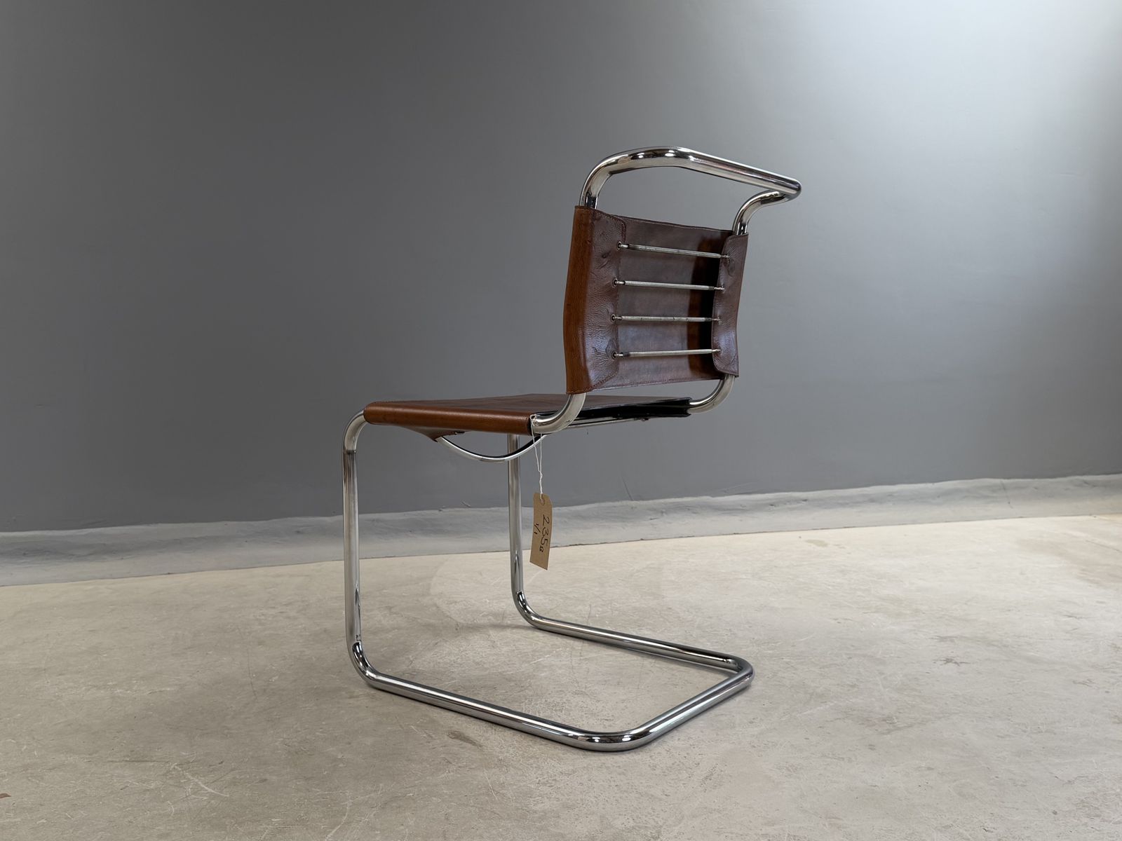Mart Stam Marcel Breuer S33 1 One Chair  Chrome Tan Brown Cognac Leather Cantilever Bauhaus Mid Century Dining Chairs Desk Side Bedroom photo for sale
