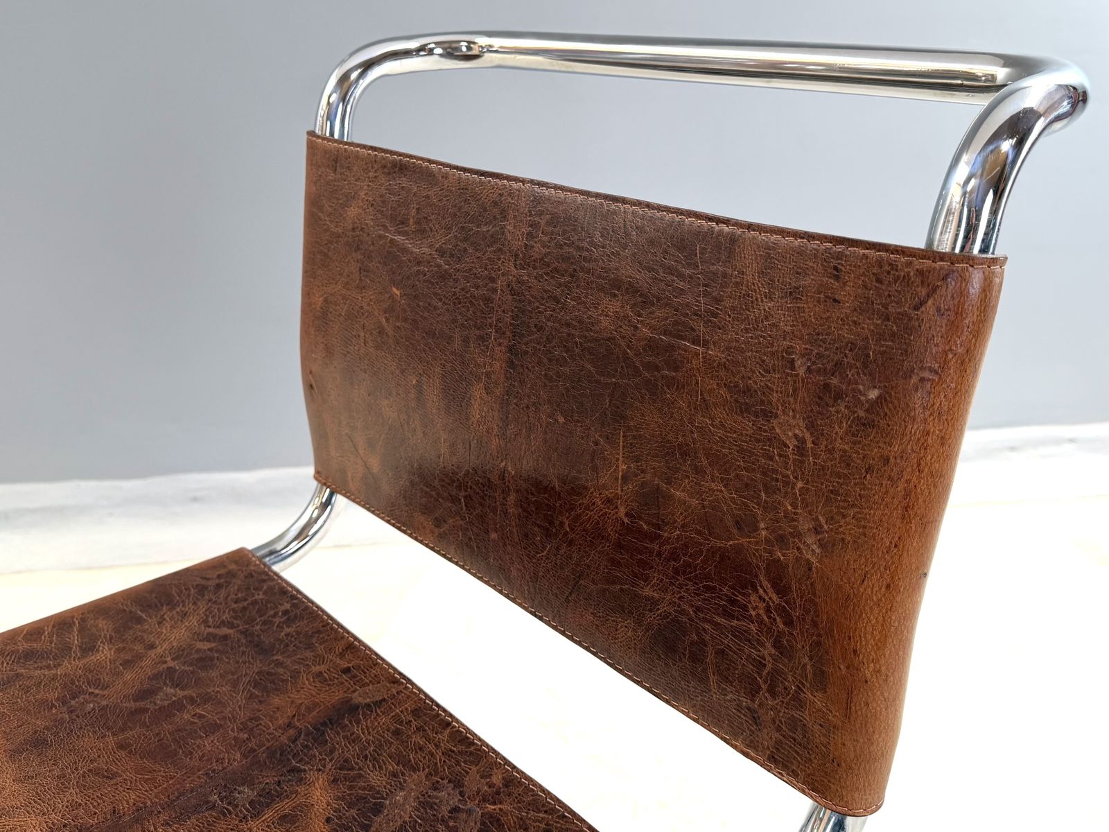 Mart Stam Marcel Breuer S33 1 One Chair  Chrome Tan Brown Cognac Leather Cantilever Bauhaus Mid Century Dining Chairs Desk Side Bedroom photo vintage