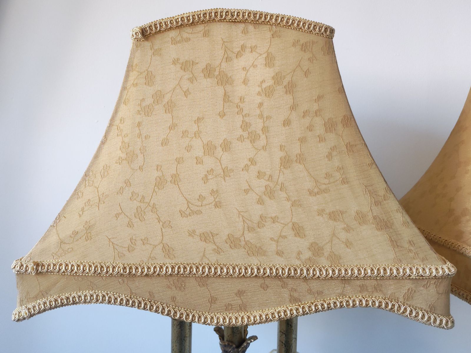 Lighting Pair Of Large 1990s Hollywood Regency Gilt Metal Table Lamps With Floral Silk Shades photo