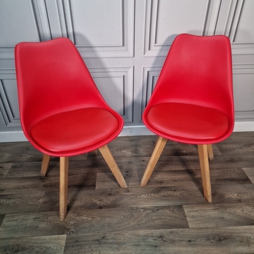 Pair Dining Chairs Retro Red Faux Leather   Mid Century Modern Contemporary photo furniture