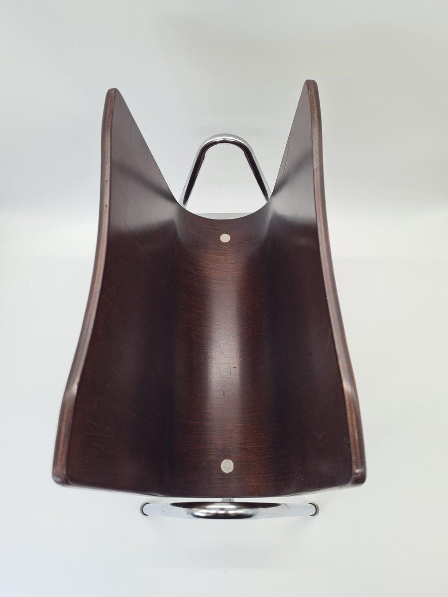 Mid Century Modern Magazine Rack In Bent Plywood And Chrome, 1960s photo vinterior