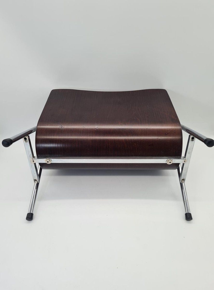 Mid Century Modern Magazine Rack In Bent Plywood And Chrome, 1960s photo vintage