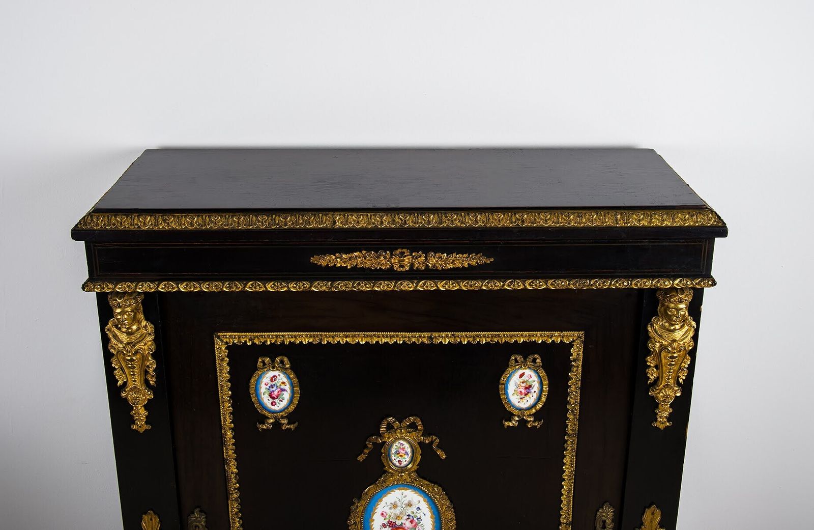 Antique French Ebonised Ormolu Mounted Cabinet With Sevres Style Porcelain Plaques photo Furniture
